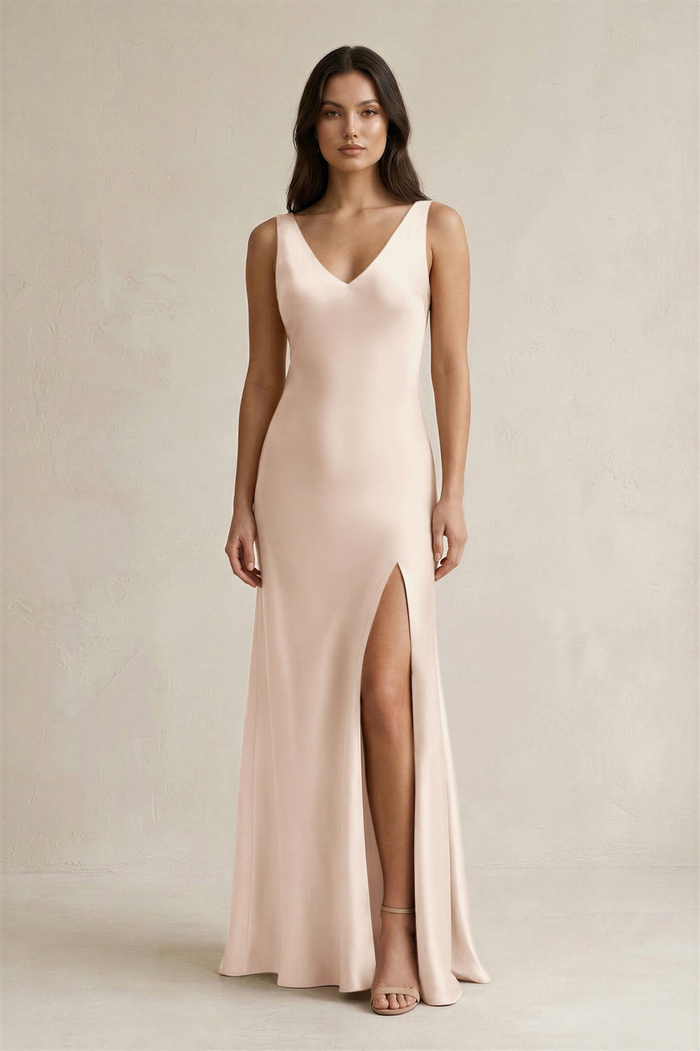 V - neck Sheath Satin Bridesmaid Dress With Back Bow in Buttercream - KISS BRIDAL Bridesmaid Dresses