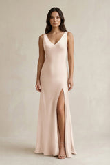 V - neck Sheath Satin Bridesmaid Dress With Back Bow in Buttercream - KISS BRIDAL Bridesmaid Dresses