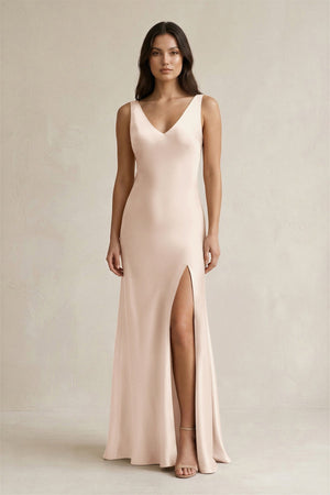 V - neck Sheath Satin Bridesmaid Dress With Back Bow in Buttercream - KISS BRIDAL Bridesmaid Dresses