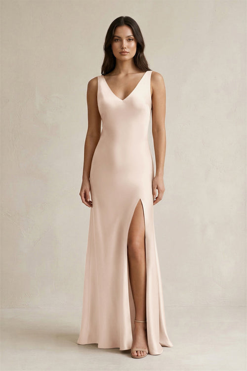 V - neck Sheath Satin Bridesmaid Dress With Back Bow in Buttercream - KISS BRIDAL Bridesmaid Dresses