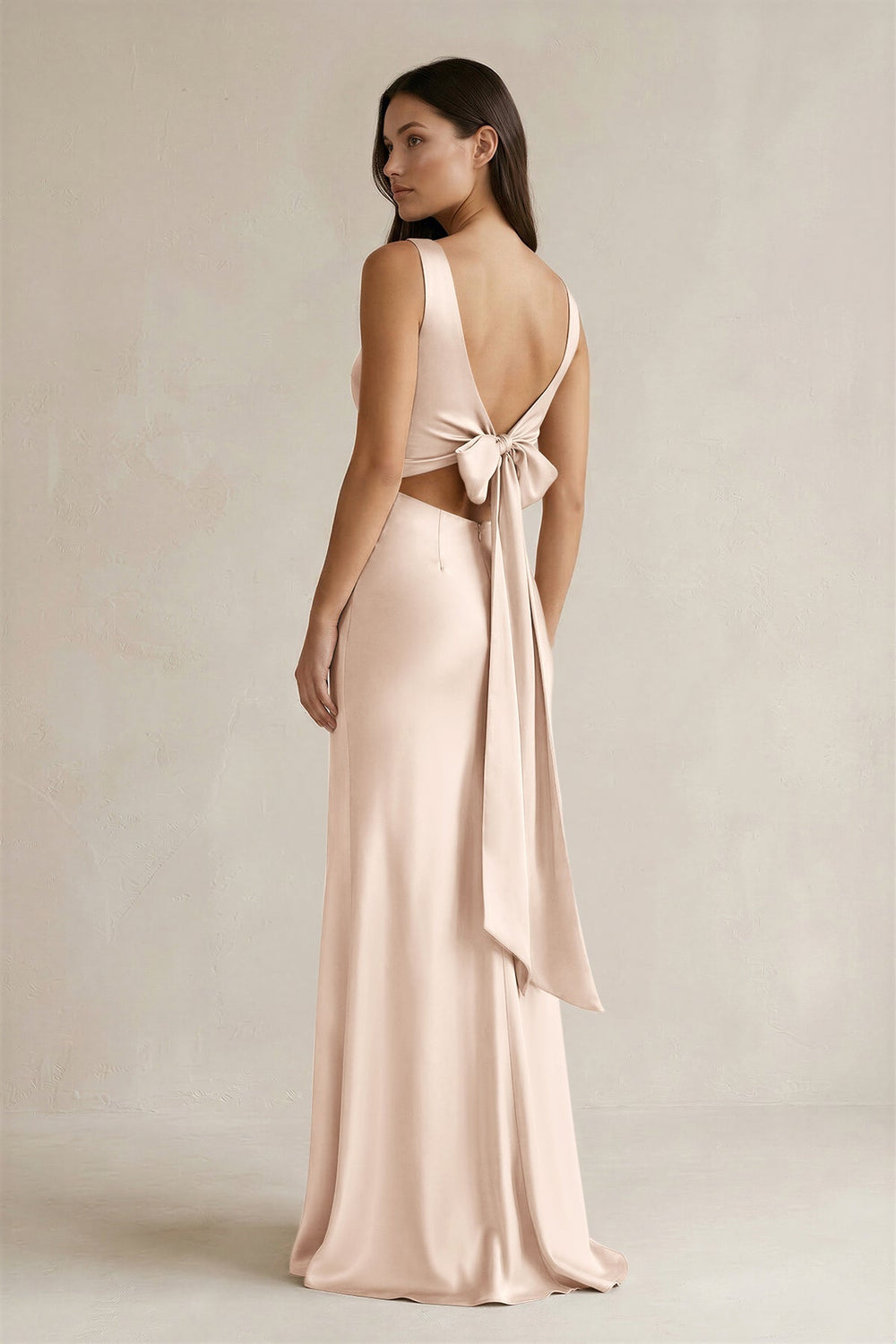 V - neck Sheath Satin Bridesmaid Dress With Back Bow in Buttercream - KISS BRIDAL Bridesmaid Dresses
