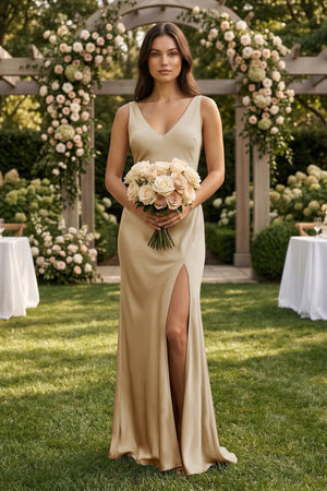 V - neck Sheath Satin Bridesmaid Dress With Back Bow in Champagne - KISS BRIDAL Bridesmaid Dresses