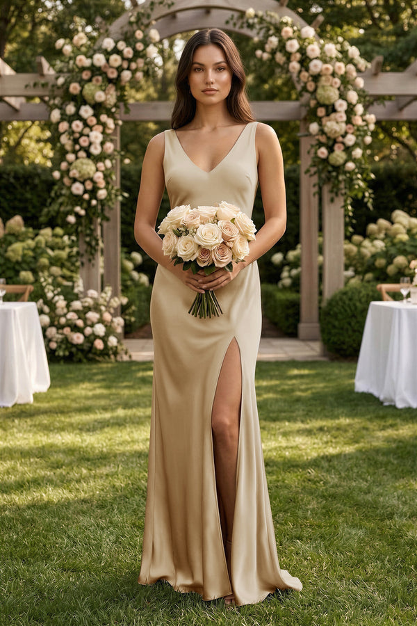 V - neck Sheath Satin Bridesmaid Dress With Back Bow in Champagne - KISS BRIDAL Bridesmaid Dresses