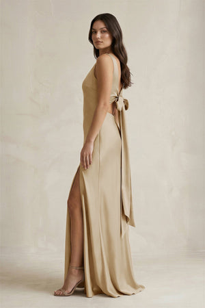 V - neck Sheath Satin Bridesmaid Dress With Back Bow in Champagne - KISS BRIDAL Bridesmaid Dresses