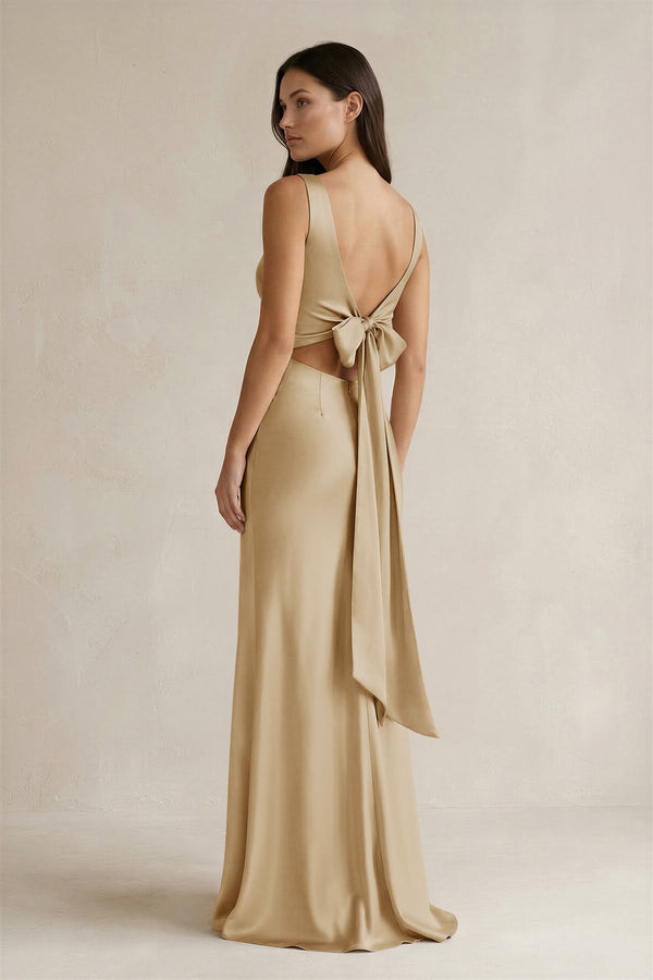 V - neck Sheath Satin Bridesmaid Dress With Back Bow in Champagne - KISS BRIDAL Bridesmaid Dresses