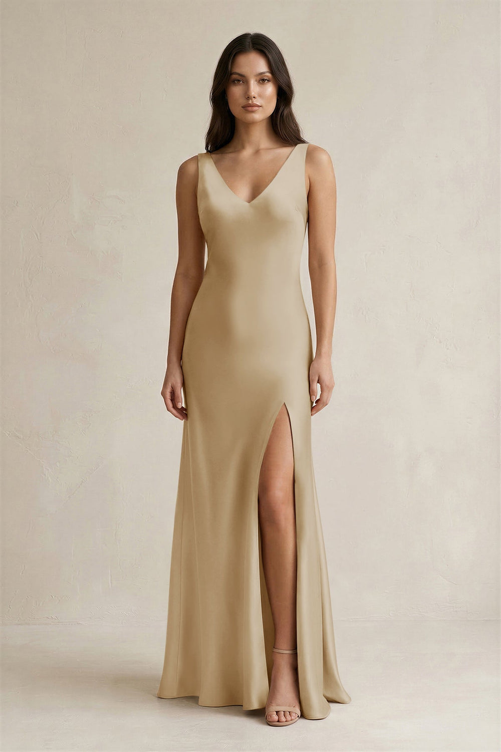 V - neck Sheath Satin Bridesmaid Dress With Back Bow in Champagne - KISS BRIDAL Bridesmaid Dresses