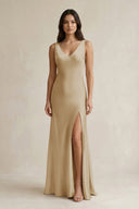 V - neck Sheath Satin Bridesmaid Dress With Back Bow in Champagne - KISS BRIDAL Bridesmaid Dresses