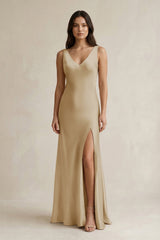 V - neck Sheath Satin Bridesmaid Dress With Back Bow in Champagne - KISS BRIDAL Bridesmaid Dresses