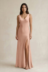 V - neck Sheath Satin Bridesmaid Dress With Back Bow in Champagne Rose - KISS BRIDAL Bridesmaid Dresses
