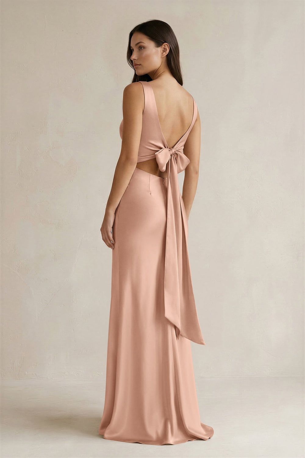 V - neck Sheath Satin Bridesmaid Dress With Back Bow in Champagne Rose - KISS BRIDAL Bridesmaid Dresses