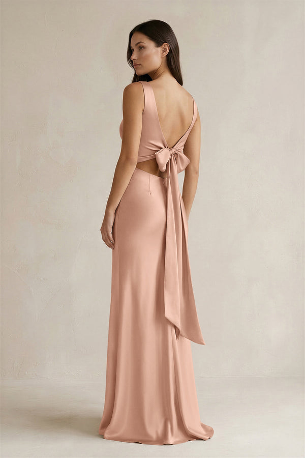 V - neck Sheath Satin Bridesmaid Dress With Back Bow in Champagne Rose - KISS BRIDAL Bridesmaid Dresses