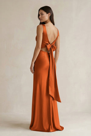 V - neck Sheath Satin Bridesmaid Dress With Back Bow in Cinnamon - KISS BRIDAL Bridesmaid Dresses