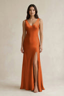 V - neck Sheath Satin Bridesmaid Dress With Back Bow in Cinnamon - KISS BRIDAL Bridesmaid Dresses