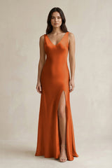 V - neck Sheath Satin Bridesmaid Dress With Back Bow in Cinnamon - KISS BRIDAL Bridesmaid Dresses