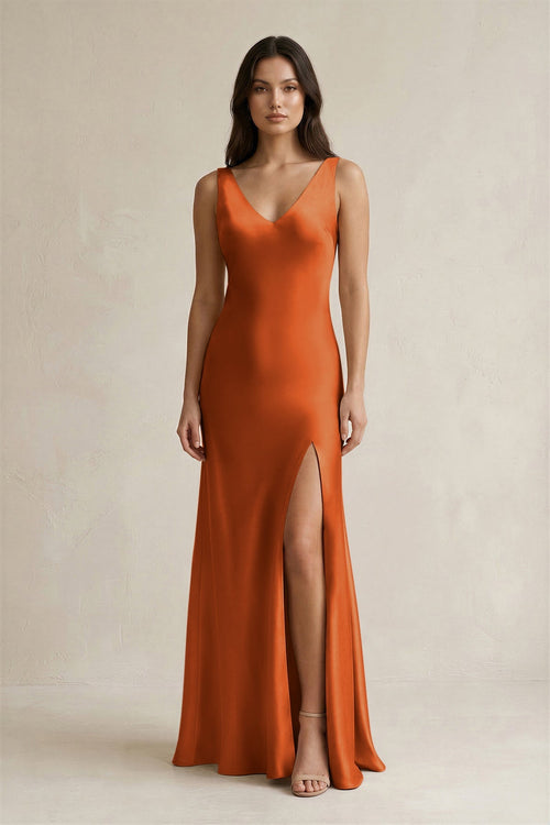 V - neck Sheath Satin Bridesmaid Dress With Back Bow in Cinnamon - KISS BRIDAL Bridesmaid Dresses