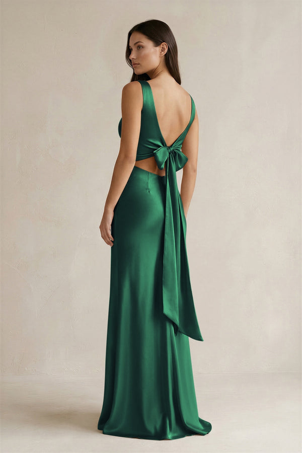 V - neck Sheath Satin Bridesmaid Dress With Back Bow in Dark Green - KISS BRIDAL Bridesmaid Dresses
