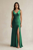 V - neck Sheath Satin Bridesmaid Dress With Back Bow in Dark Green - KISS BRIDAL Bridesmaid Dresses
