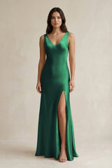 V - neck Sheath Satin Bridesmaid Dress With Back Bow in Dark Green - KISS BRIDAL Bridesmaid Dresses