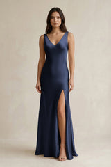 V - neck Sheath Satin Bridesmaid Dress With Back Bow in Dark Navy - KISS BRIDAL Bridesmaid Dresses
