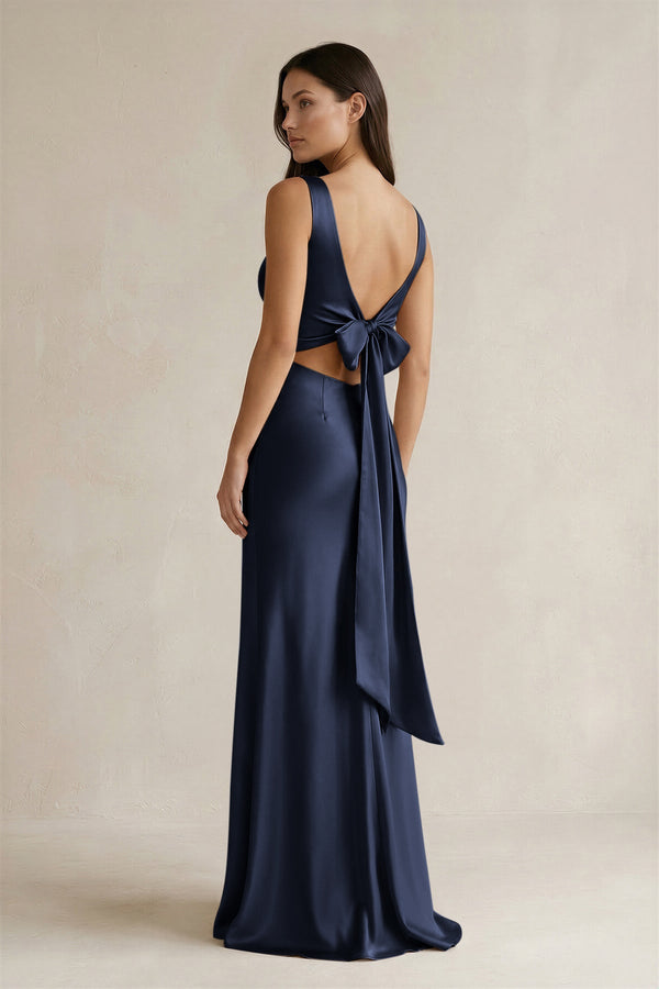 V - neck Sheath Satin Bridesmaid Dress With Back Bow in Dark Navy - KISS BRIDAL Bridesmaid Dresses