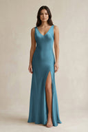 V - neck Sheath Satin Bridesmaid Dress With Back Bow in Dark Teal - KISS BRIDAL Bridesmaid Dresses