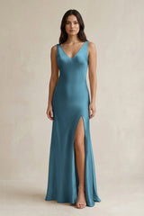 V - neck Sheath Satin Bridesmaid Dress With Back Bow in Dark Teal - KISS BRIDAL Bridesmaid Dresses