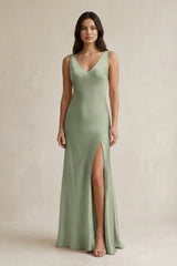 V - neck Sheath Satin Bridesmaid Dress With Back Bow in Dove Gray - KISS BRIDAL Bridesmaid Dresses