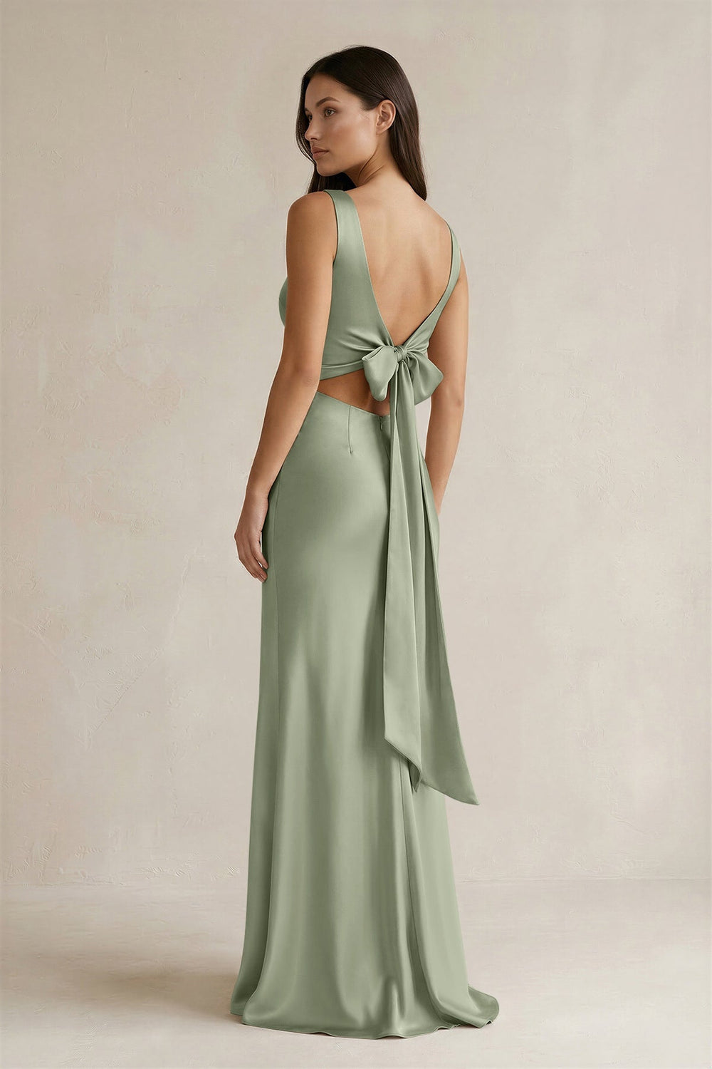 V - neck Sheath Satin Bridesmaid Dress With Back Bow in Dove Gray - KISS BRIDAL Bridesmaid Dresses