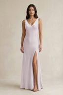 V - neck Sheath Satin Bridesmaid Dress With Back Bow in Dusk - KISS BRIDAL Bridesmaid Dresses