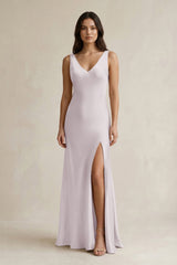 V - neck Sheath Satin Bridesmaid Dress With Back Bow in Dusk - KISS BRIDAL Bridesmaid Dresses