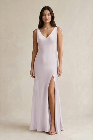 V - neck Sheath Satin Bridesmaid Dress With Back Bow in Dusk - KISS BRIDAL Bridesmaid Dresses