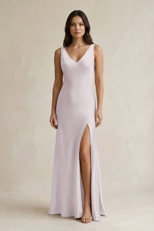 V - neck Sheath Satin Bridesmaid Dress With Back Bow in Dusk - KISS BRIDAL Bridesmaid Dresses