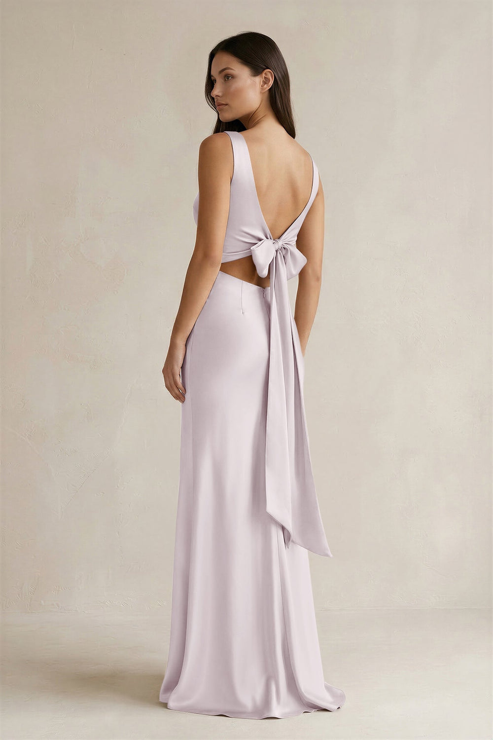 V - neck Sheath Satin Bridesmaid Dress With Back Bow in Dusk - KISS BRIDAL Bridesmaid Dresses