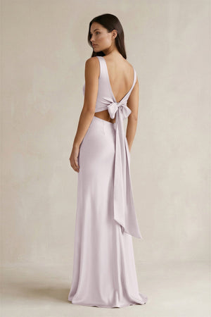 V - neck Sheath Satin Bridesmaid Dress With Back Bow in Dusk - KISS BRIDAL Bridesmaid Dresses