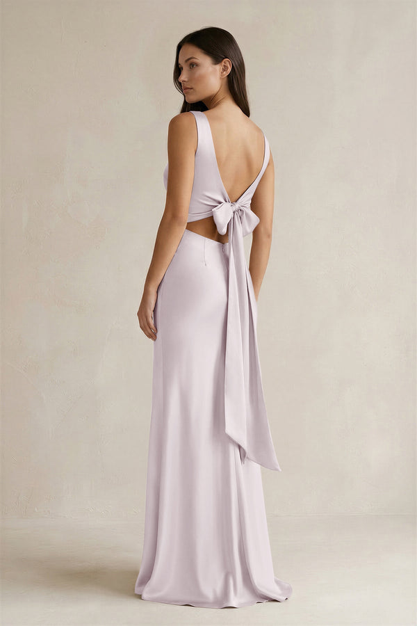 V - neck Sheath Satin Bridesmaid Dress With Back Bow in Dusk - KISS BRIDAL Bridesmaid Dresses