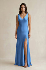 V - neck Sheath Satin Bridesmaid Dress With Back Bow in Dusty Blue - KISS BRIDAL Bridesmaid Dresses