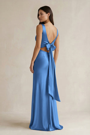 V - neck Sheath Satin Bridesmaid Dress With Back Bow in Dusty Blue - KISS BRIDAL Bridesmaid Dresses