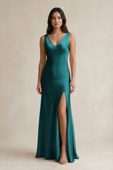 V - neck Sheath Satin Bridesmaid Dress With Back Bow in Emerald - KISS BRIDAL Bridesmaid Dresses