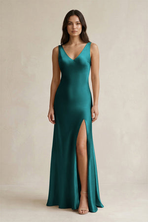 V - neck Sheath Satin Bridesmaid Dress With Back Bow in Emerald - KISS BRIDAL Bridesmaid Dresses