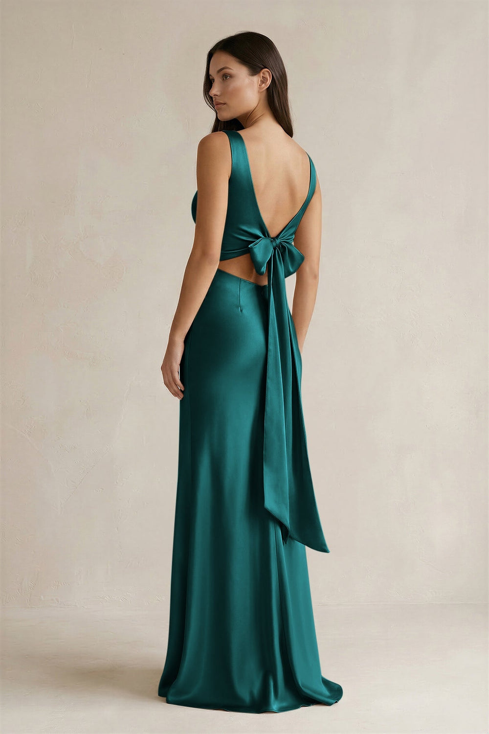 V - neck Sheath Satin Bridesmaid Dress With Back Bow in Emerald - KISS BRIDAL Bridesmaid Dresses