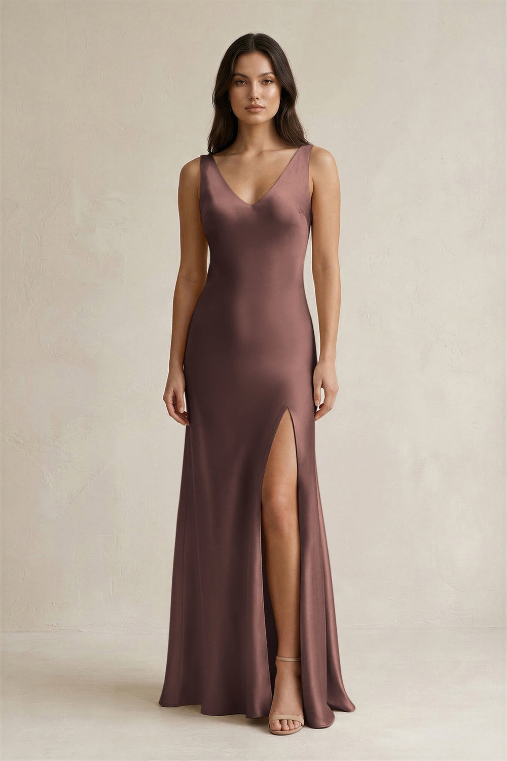 V - neck Sheath Satin Bridesmaid Dress With Back Bow in Espresso - KISS BRIDAL Bridesmaid Dresses