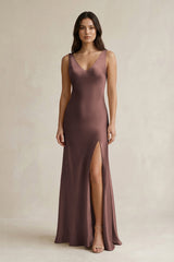 V - neck Sheath Satin Bridesmaid Dress With Back Bow in Espresso - KISS BRIDAL Bridesmaid Dresses