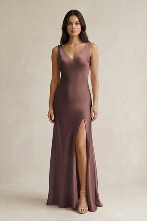 V - neck Sheath Satin Bridesmaid Dress With Back Bow in Espresso - KISS BRIDAL Bridesmaid Dresses