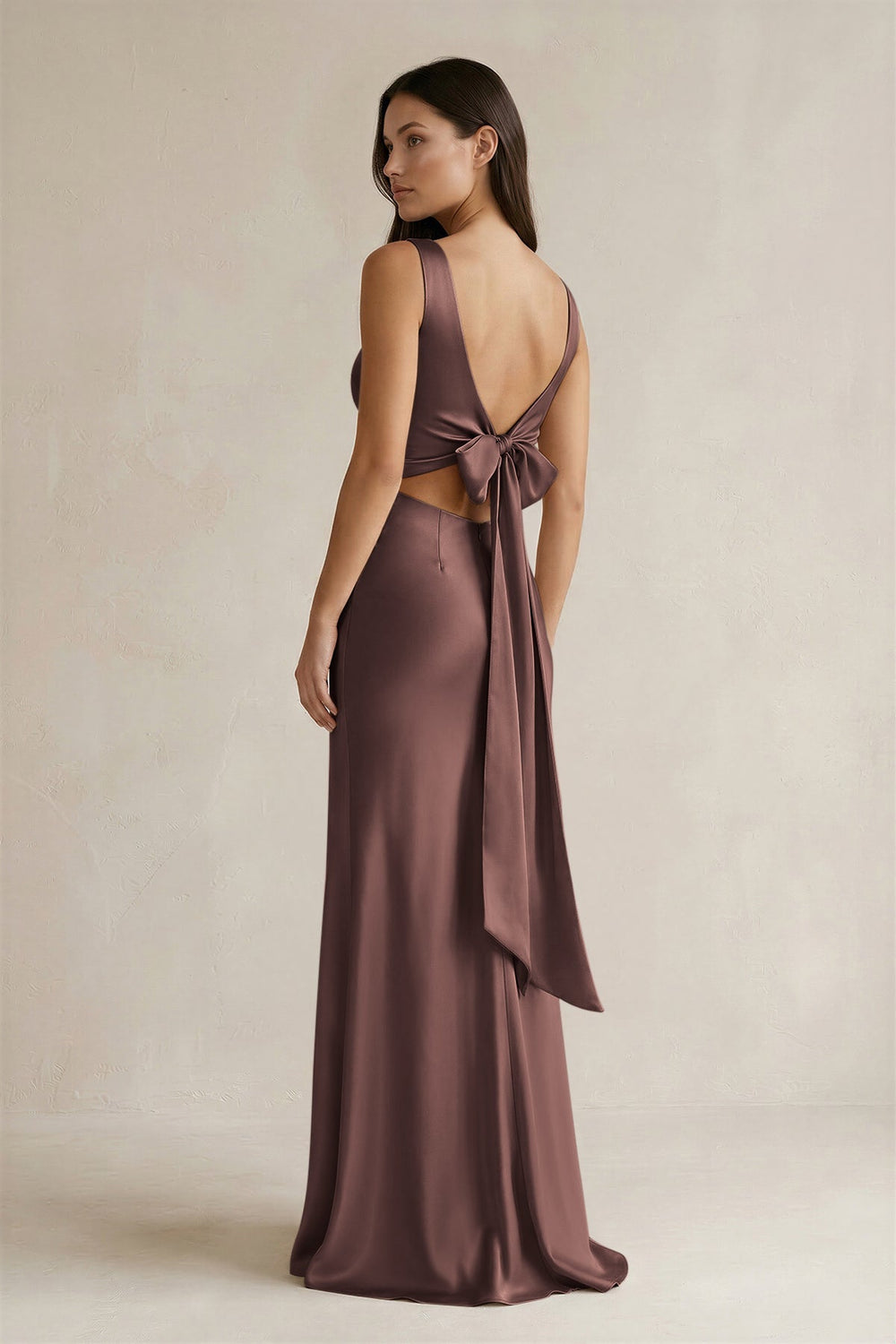 V - neck Sheath Satin Bridesmaid Dress With Back Bow in Espresso - KISS BRIDAL Bridesmaid Dresses