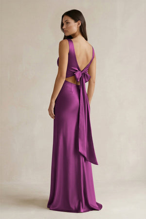 V - neck Sheath Satin Bridesmaid Dress With Back Bow in Fig - KISS BRIDAL Bridesmaid Dresses