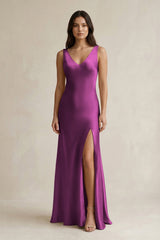 V - neck Sheath Satin Bridesmaid Dress With Back Bow in Fig - KISS BRIDAL Bridesmaid Dresses