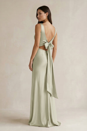 V - neck Sheath Satin Bridesmaid Dress With Back Bow in Frost - KISS BRIDAL Bridesmaid Dresses