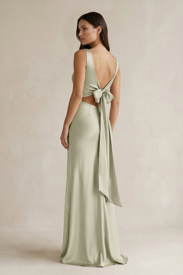 V - neck Sheath Satin Bridesmaid Dress With Back Bow in Frost - KISS BRIDAL Bridesmaid Dresses