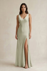 V - neck Sheath Satin Bridesmaid Dress With Back Bow in Frost - KISS BRIDAL Bridesmaid Dresses