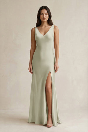 V - neck Sheath Satin Bridesmaid Dress With Back Bow in Frost - KISS BRIDAL Bridesmaid Dresses